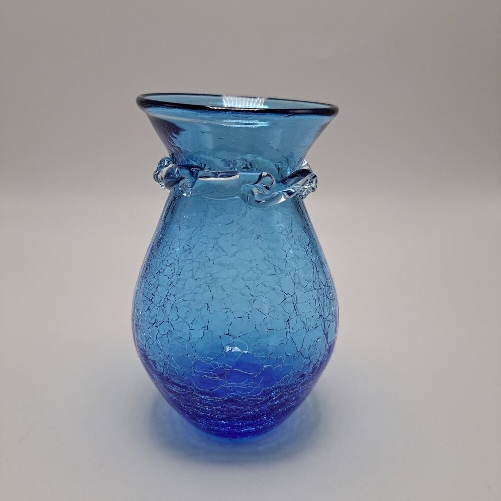 Pilgrim Crackle Glass Hand Blown Blue Vase with Clear Ribbed Applied Decoration